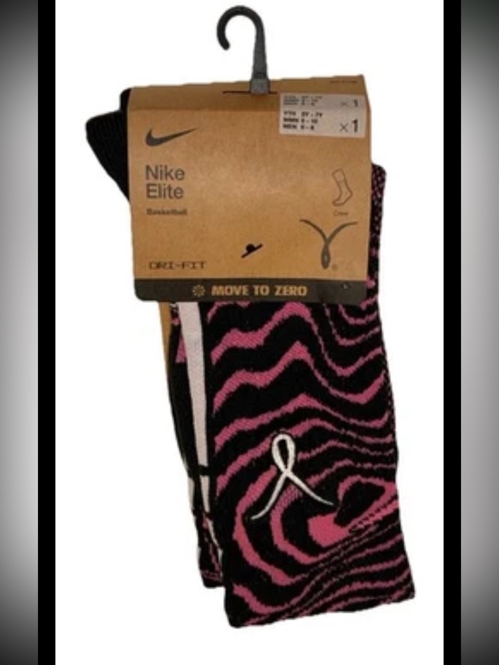 Nike Elite Basketball Kay Yow Crew Socks 1 Pair Men 6-8 W 6-10 Black Pink w Logo